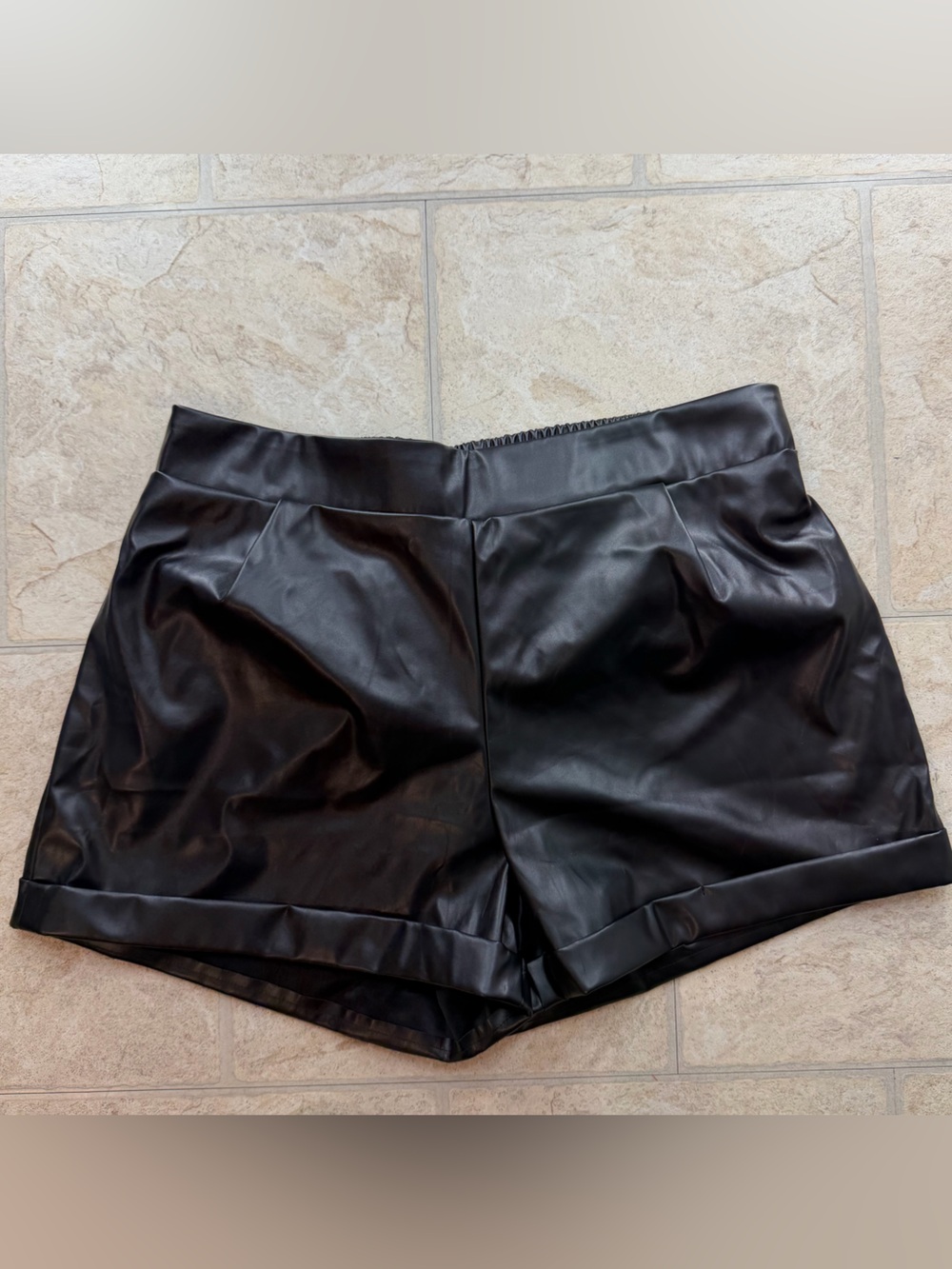 SHEIN Black Faux Leather High-Waist Rolled Hem Shorts